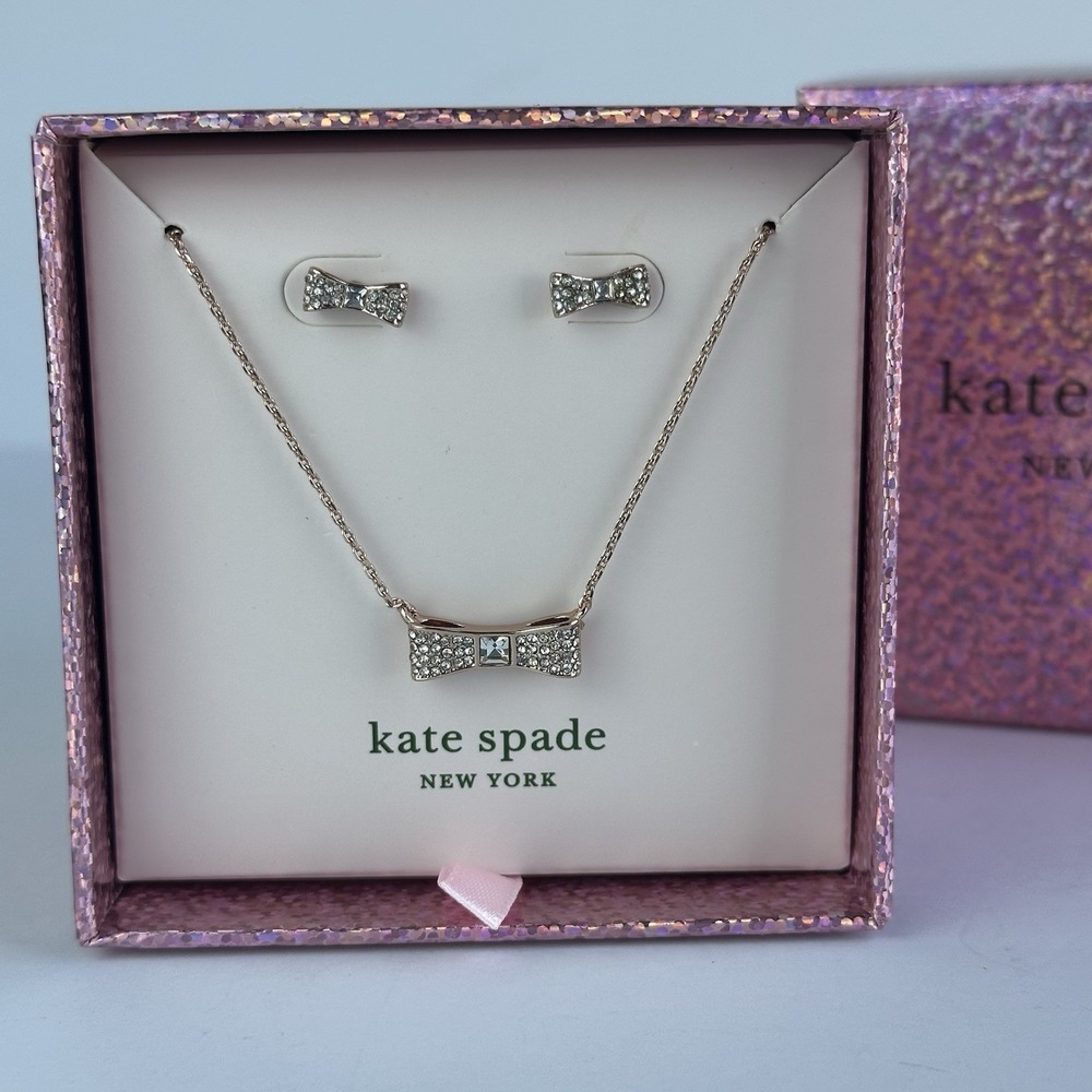 Kate Spade Ready Set Bow Pendant Necklace & Studs Earring Boxed Set Rose Gold - Picture 2 of 4